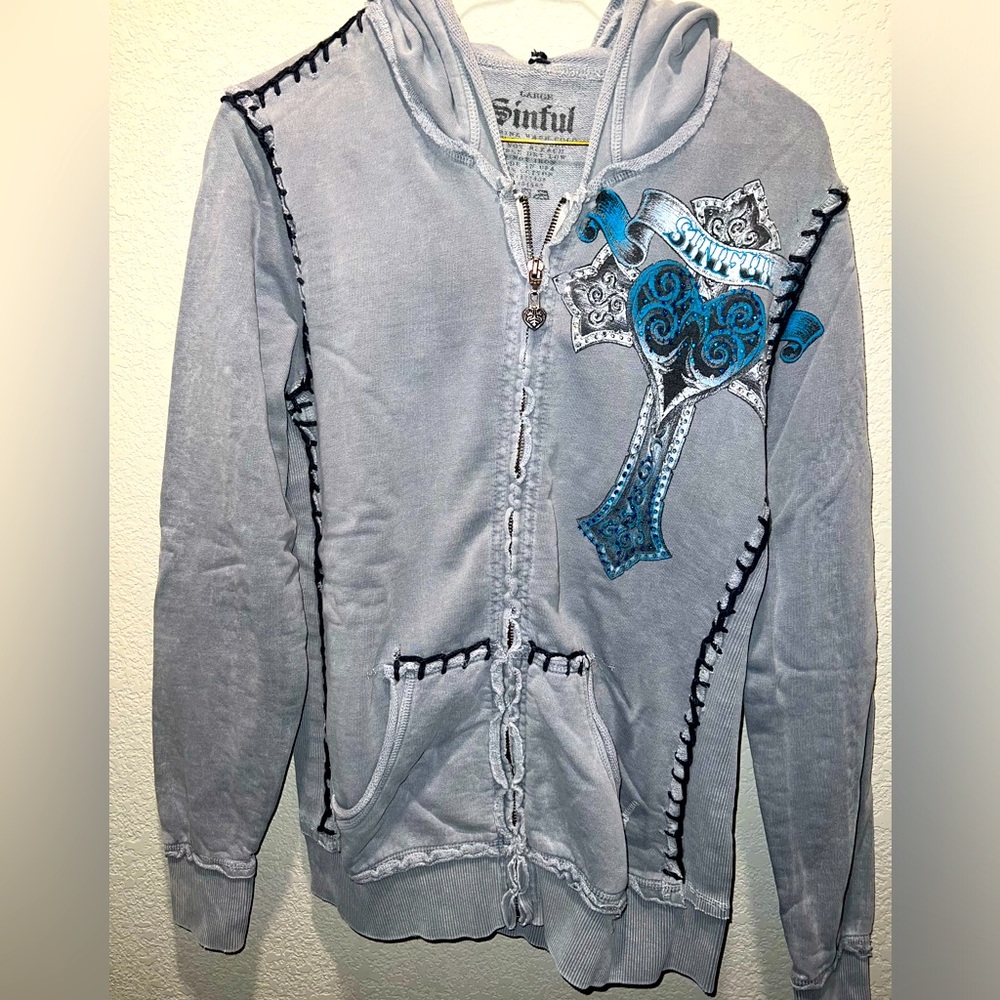 Size M, Sinful zip front hoodie, distressed look - lightly used